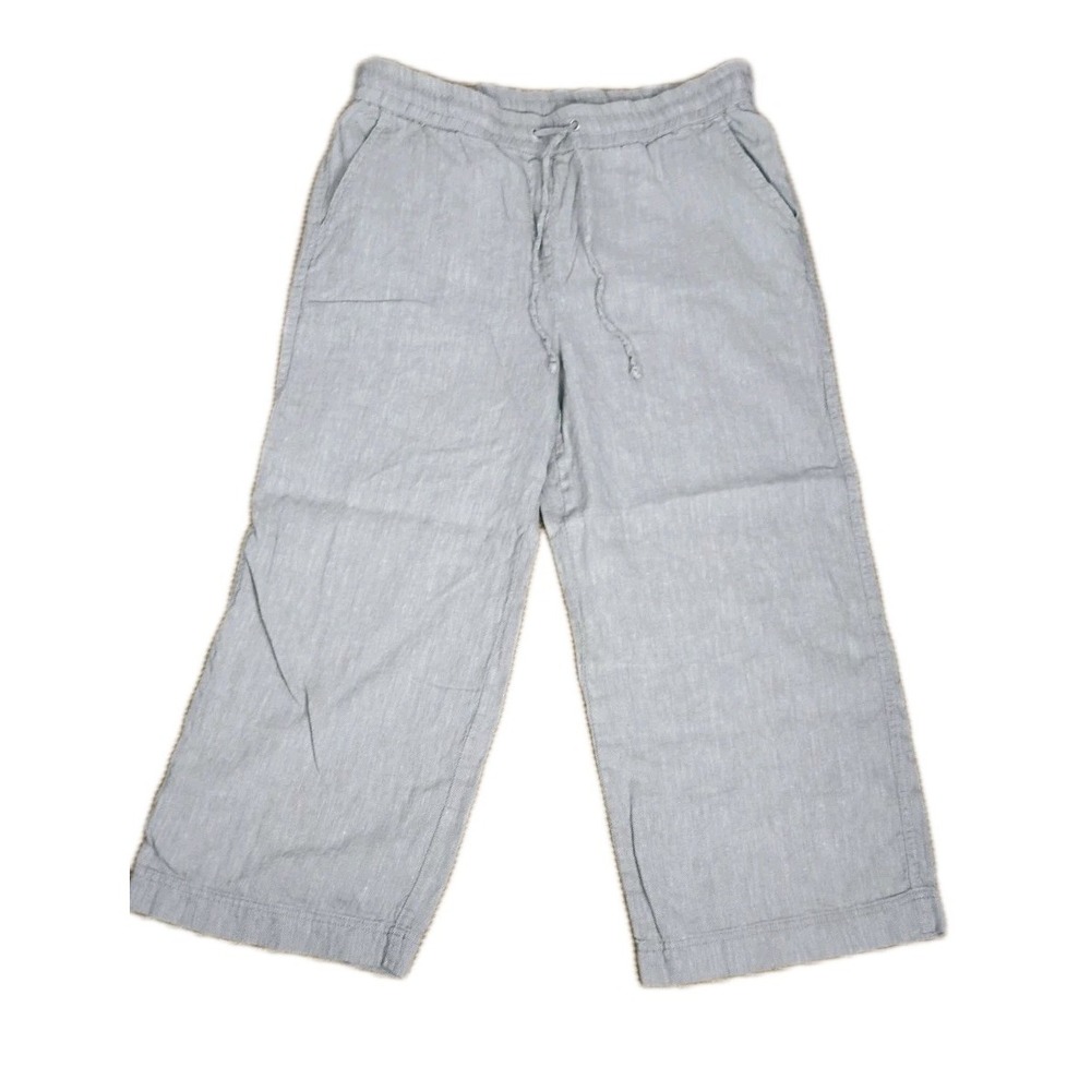 JONES NEW YORK Women's L Linen Blend Crop PANTS gray  Pull-On Coastal Drawstring
